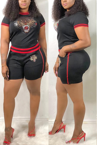 Black Tiger Head Paillette Webbing Patchwork Two-piece Set