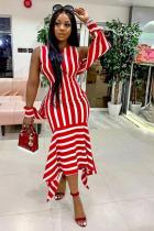 Red adult Street Fashion Off The Shoulder Long Sleeves O neck Asymmetrical Mid-Calf Print Stri