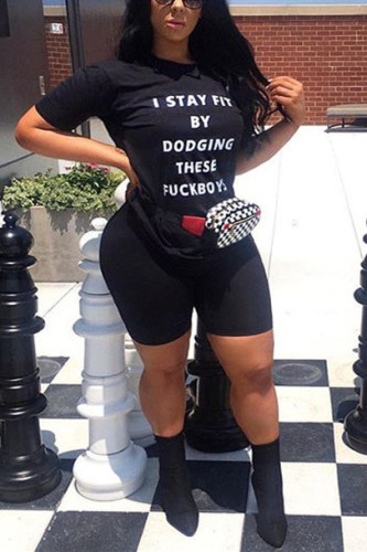 Black Casual Round Neck Short Sleeve Two-piece