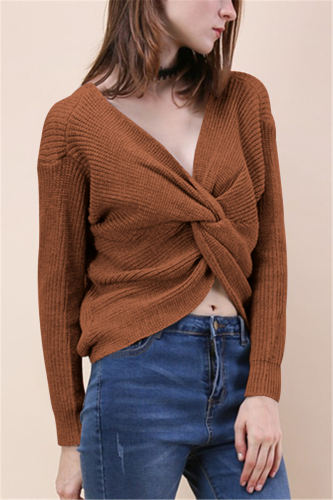 Coffee Fashion Halter V-Neck Knotted Sweater