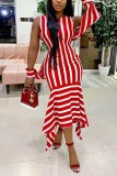 Red adult Street Fashion Off The Shoulder Long Sleeves O neck Asymmetrical Mid-Calf Print Stri