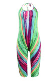 Multicolor Sexy Sling Halter Backless Print Loose Jumpsuit