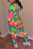 Green Street Two Piece Suits Patchwork Tie Dye Letter Print contrast color pencil Long Sleeve Two-