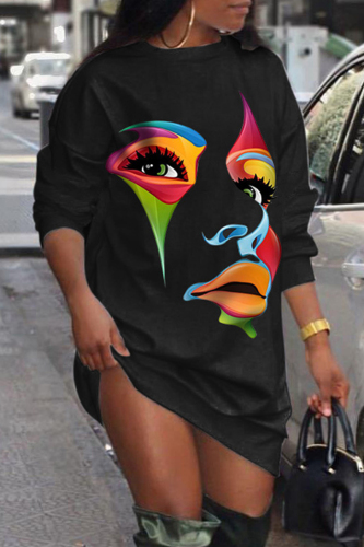 Black Casual Daily Print Patchwork O Neck Long Sleeve Dresses
