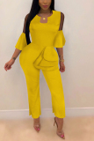 Yellow Fashion V Neck Ruffled Lace Sleeves With Irregular Jumpsuit