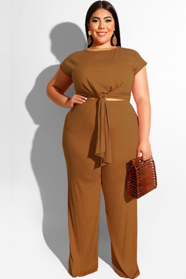 Coffee Sexy Fashion adult O Neck Solid Bandage Two Piece Suits