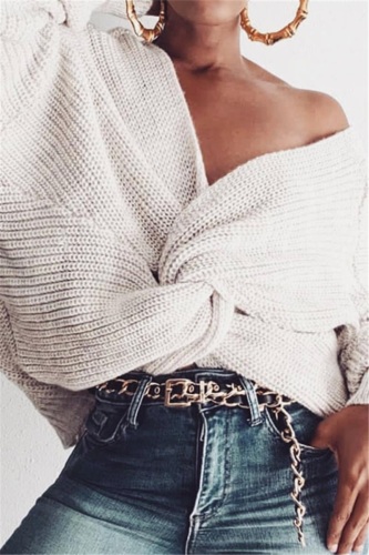 White Fashion Halter V-Neck Knotted Sweater