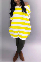 Yellow pastoral One Shoulder Long Sleeves one shoulder collar Step Skirt Knee-Length Print Stripe