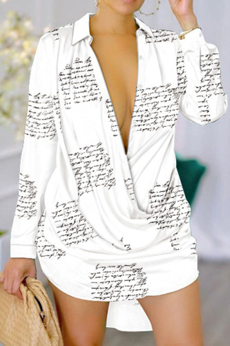 White Casual Print Patchwork Buckle Turndown Collar Straight Dresses