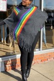 Dark Gray Scarf Collar Rainbow Patchwork tassel Others Long Sleeve 