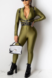 Dark green Fashion Zipper Solid Jumpsuits