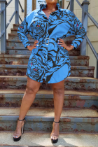 Blue Spandex Street Shirt sleeves Long Sleeves Notched Step Skirt Knee-Length Print Long Sleeve Dresses