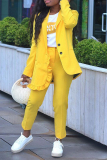 Yellow Daily Vintage Solid Flounce Turn-back Collar Long Sleeve Two Pieces