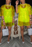 Yellow O Neck Half Sleeve lace Sequin Mesh Blouses & Shirts