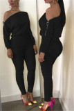 Black Casual zipper Solid Long Sleeve one word collar Jumpsuits