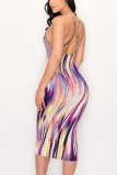 Purple Sexy Backless Printed Sling Fitted Dress