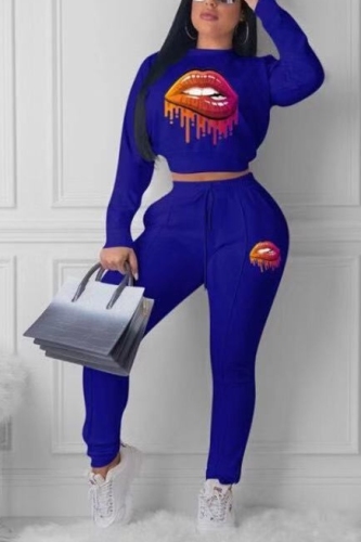 Blue OL Two Piece Suits Print pencil Long Sleeve Two-piece Pants Set