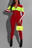 Red Fashion Sports Long Sleeve Zipper Jumpsuit