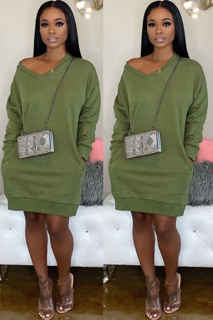 Olive green Acetyl fiber Sexy Cap Sleeve Long Sleeves V Neck Straight Knee-Length Solid 