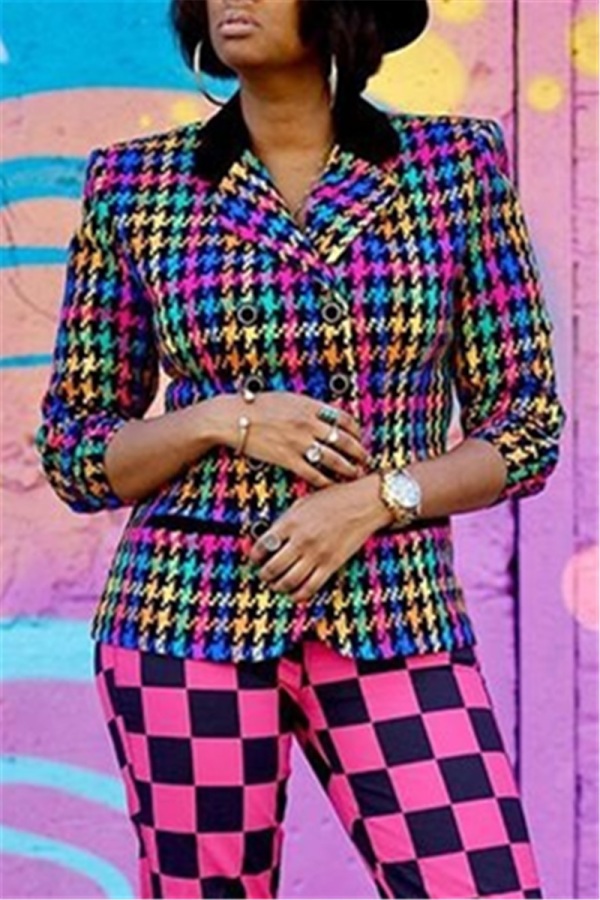Multicolor Fashion Printed Plaid Double-Breasted Coat