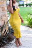 Yellow Sexy Fashion Spaghetti Strap Sleeveless Slip Step Skirt Knee-Length Print ruffle Patchwork
