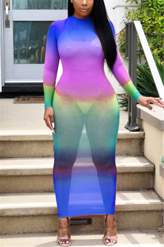 Blue Sexy Perspective Long Sleeve Long Dress