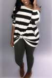 Black pastoral One Shoulder Long Sleeves one shoulder collar Step Skirt Knee-Length Print Stripe