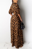 Leopard print Fashion adult Sexy Cap Sleeve Half Sleeves Turndown Collar Step Skirt Ankle-Length Print L