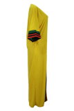 Yellow Fashion Sexy Cap Sleeve 3/4 Length Sleeves O neck Straight Floor-Length asymmetrical Casual Dresses