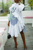 White Fashion Striped Stitching Ruffled Irregular Dress