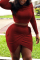Wine Red Sexy Fashion Cap Sleeve Long Sleeves One word collar Hip skirt Mini asymmetrical bandage Patchwork 