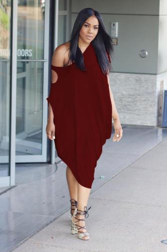 Maroon Street One Shoulder Short Sleeves one shoulder collar Lantern skirt Mid-Calf Solid Club D