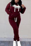 Wine Red Casual Stripes Stitching Hooded Sweater And Trousers Two Piece Suit