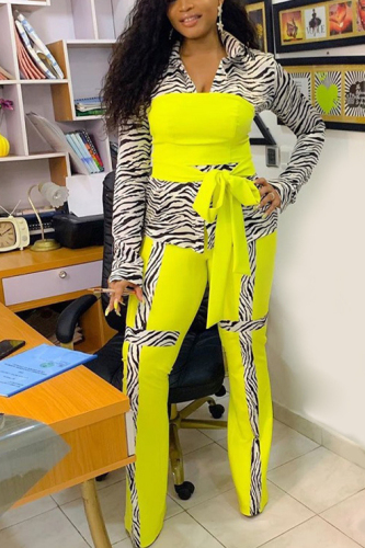 Yellow adult OL Fashion Bandage Print Two Piece Suits Patchwork contrast color Loose Long Sleeve