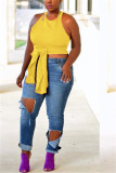 Yellow O Neck Sleeveless Patchwork asymmetrical Solid Tees & T-shirts