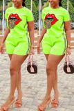 Fluorescent green Fashion Casual Printed Short Sleeve Top Sports Set