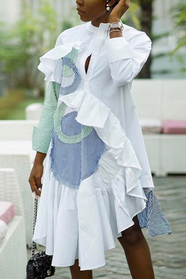 White Fashion Striped Stitching Ruffled Irregular Dress