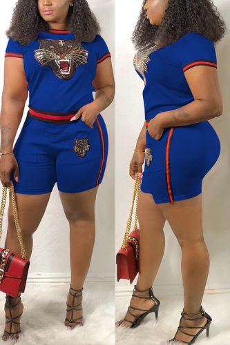 Blue Tiger Head Paillette Webbing Patchwork Two-piece Set