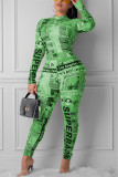 Green Sexy zipper letter Print Long Sleeve O Neck Jumpsuits