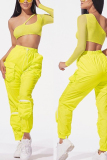 Yellow Fashion Sexy Mesh Top Trousers Set