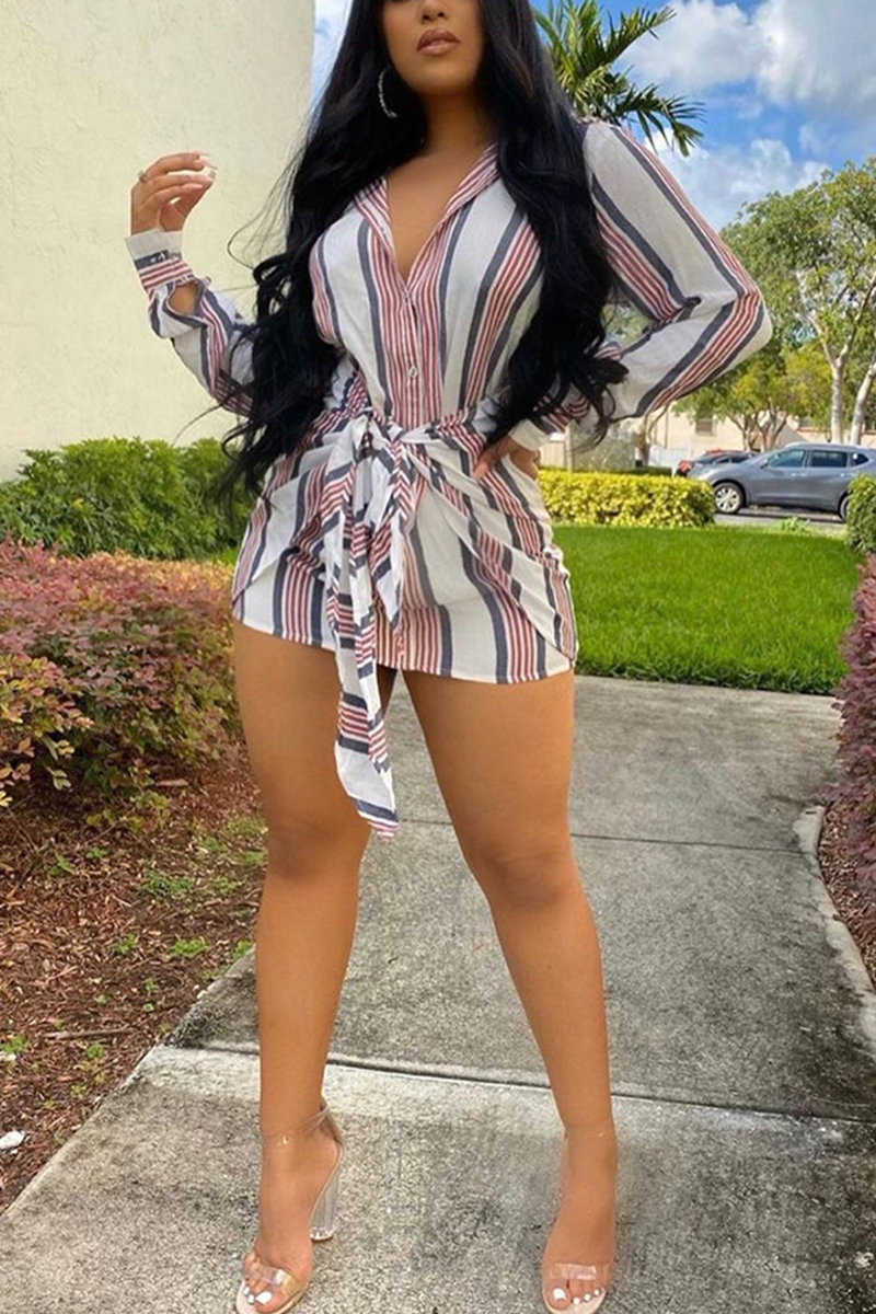 

White Sexy Loose Striped Shirt Dress