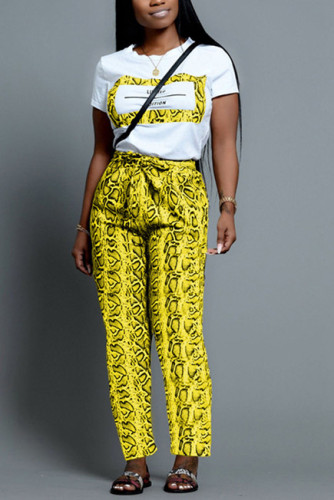 Yellow Casual Print Straight Short Sleeve Two-piece Pants Set