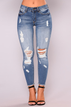 Baby Blue Casual Broken Holes Blue Jeans