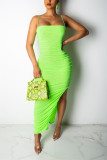 Fluorescent green Sexy Fashion Spaghetti Strap Sleeveless Slip Slim Dress Ankle-Length asymmetrical Draped S