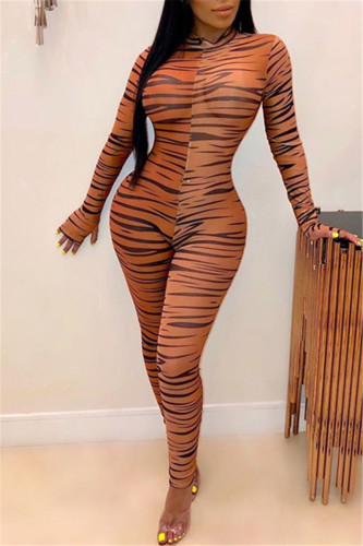 multicolor Sexy Print Network Long Sleeve O Neck Jumpsuits
