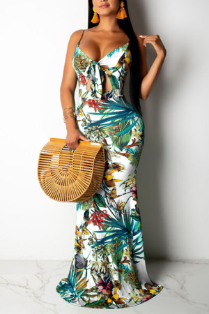 White Sexy Fashion Printing Sling V-neck Dress