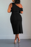 Black OL Cap Sleeve Short Sleeves one shoulder collar Hip skirt Mid-Calf Patchwork Solid Club D