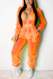 Orange Sexy Fashion Patchwork Solid Mesh Long Sleeve V Neck Jumpsuits