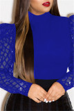 Blue O Neck Long Sleeve Sequin Patchwork perspective Mesh Solid