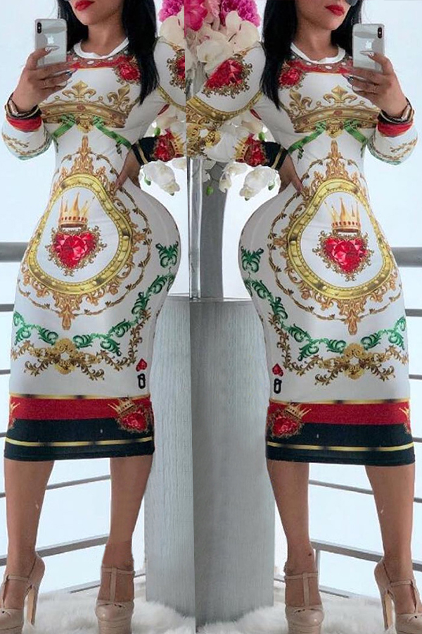 

White Fashion Long Sleeves O neck Slim Dress Mid-Calf Print Print Dresses